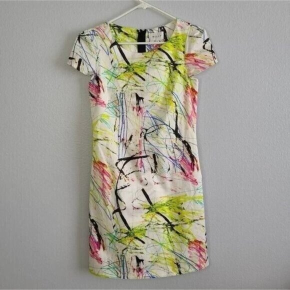 Milly of NY Multi Color Scribble Sheath Cocktail Mini Dress Size 2 Cap Sleeve - Picture 1 of 10